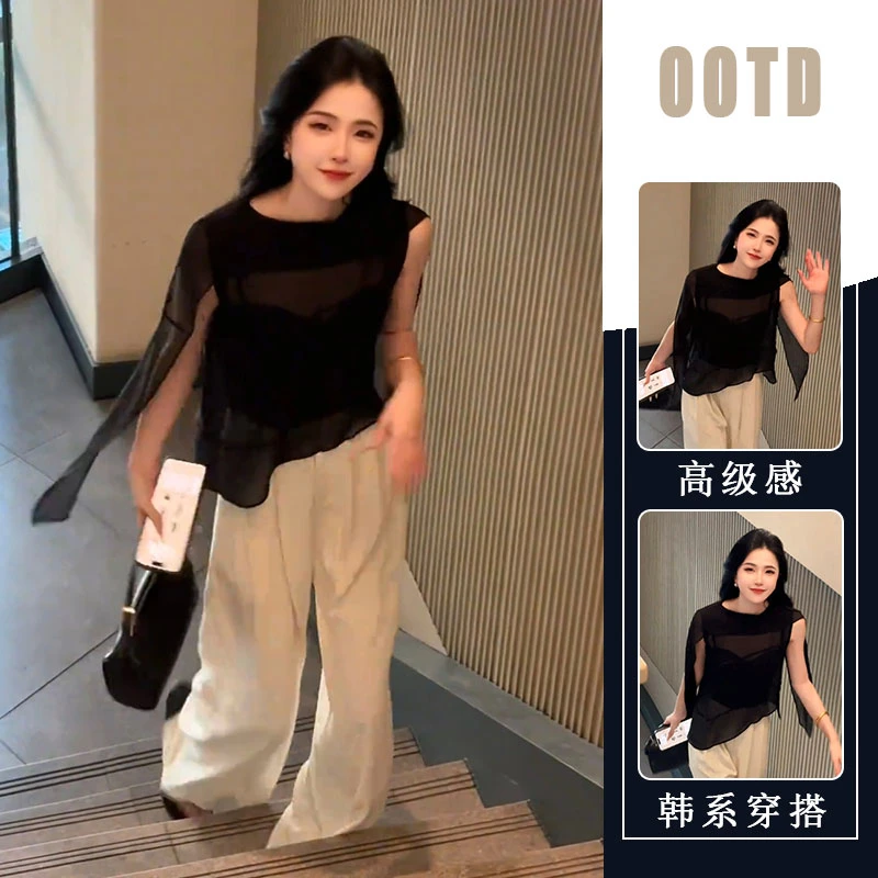 圆领成人法式无袖气质网红上衣衬衫2025夏季新款时尚宽松两件套女