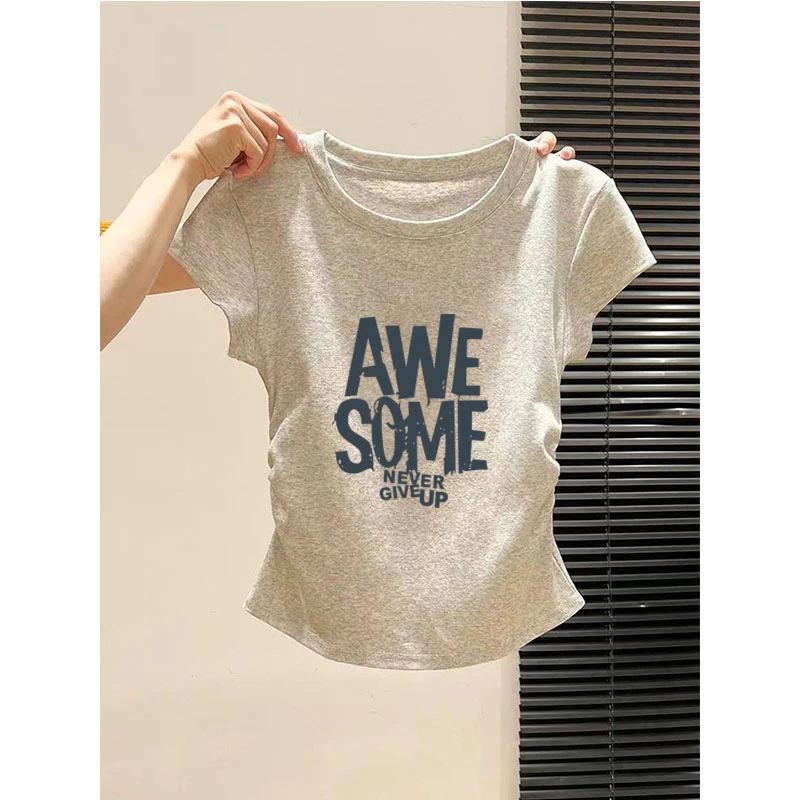 设计感正肩圆领短袖t恤女2025新款体恤褶皱收腰修身百搭夏季上衣