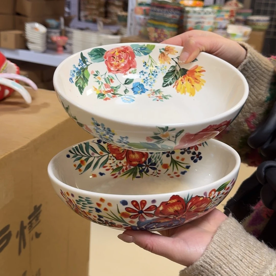 瓷片外贸8英寸深盘2只，繁花早秋