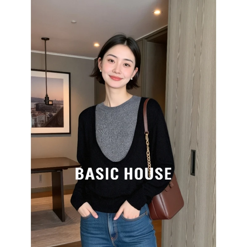 Basic House/百家好美式撞色假两件深U领针织衫女2025秋内搭毛衣