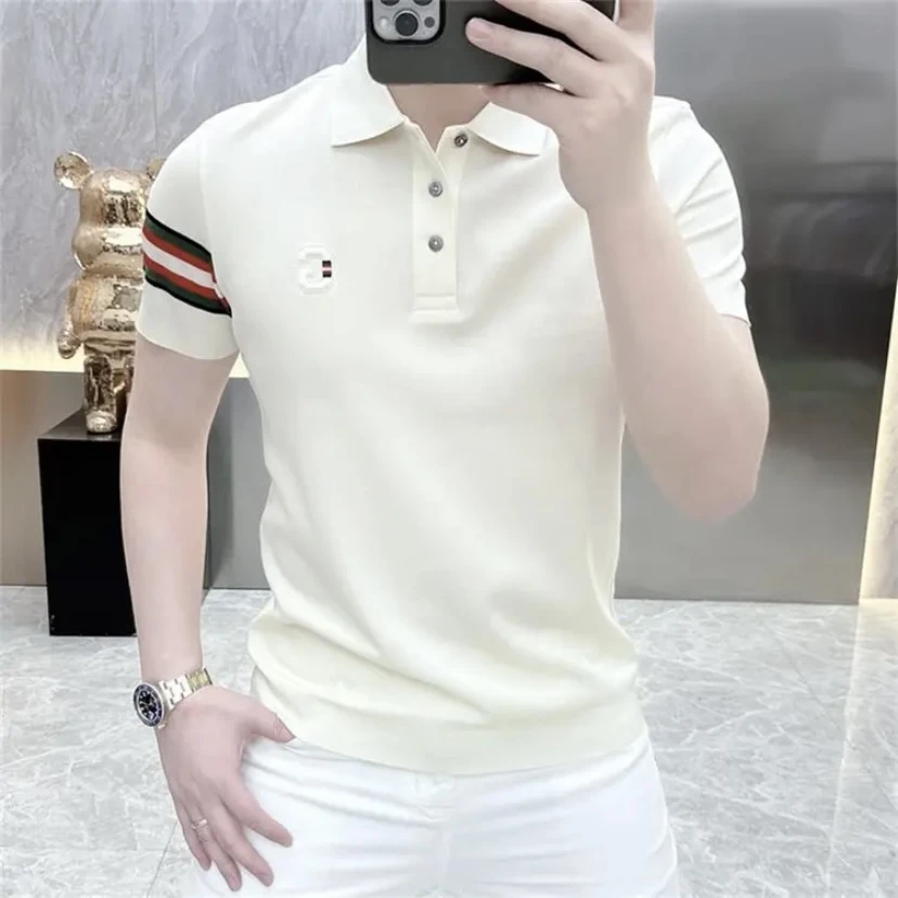 短袖POLO百搭夏季针织冰丝半袖T恤修身翻领高级感polo针织短袖男
