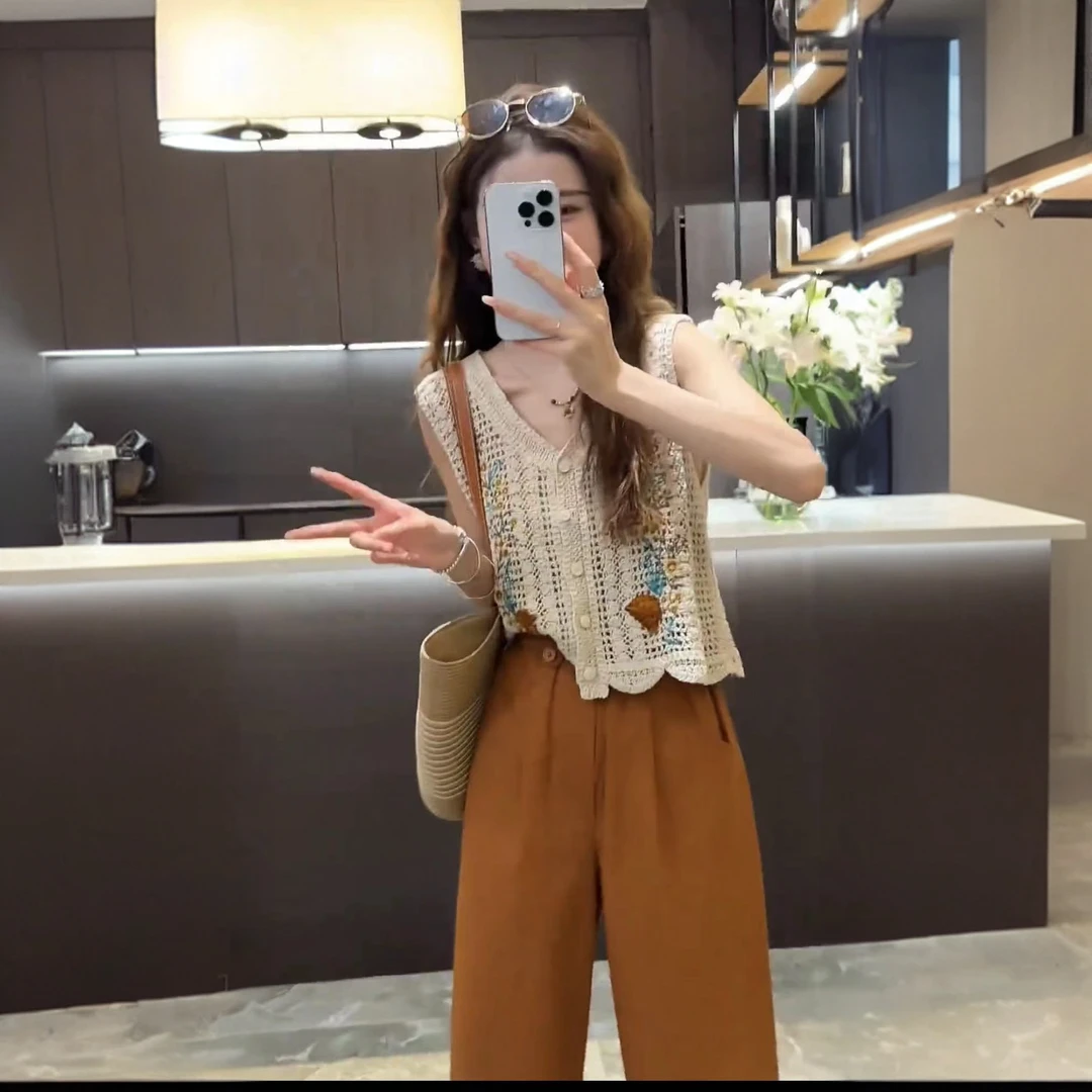 修身型休闲风通勤静奢风背心裤子蕾丝百搭夏季时尚镂空针织背心