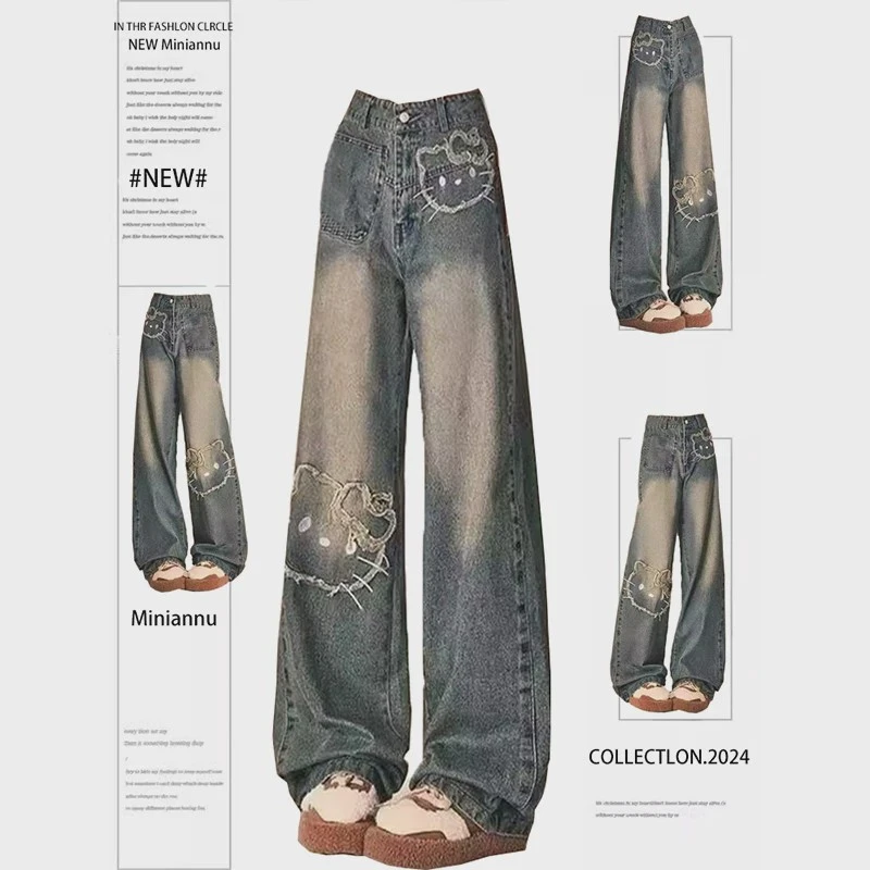 【时岛】胖mm大码女装复古卡通猫咪刺绣牛仔裤女春秋显瘦裤子学生阔