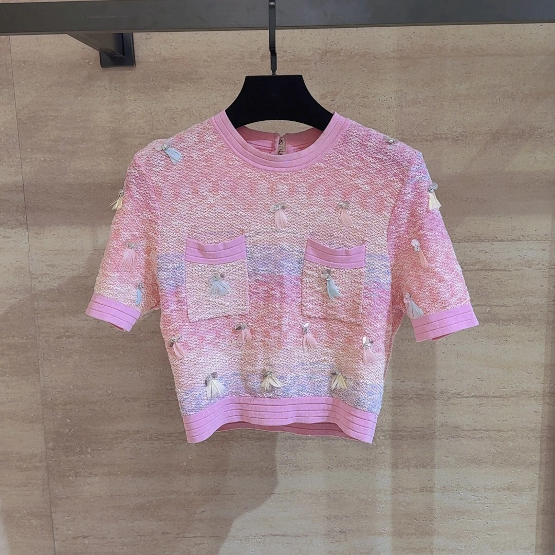 <猪猪出品>2025上新短袖百搭网红圆领粉彩镂空针织套头上衣750