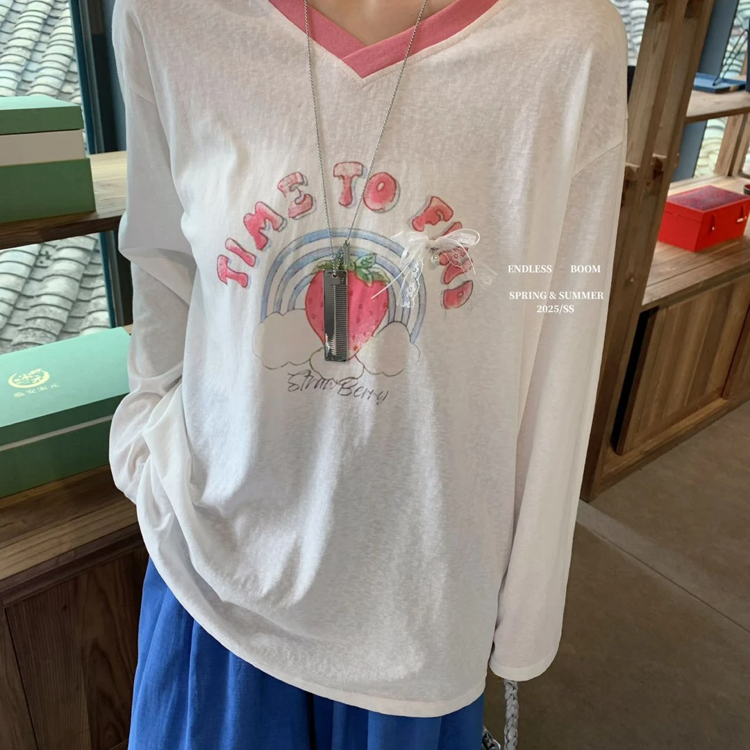 ENDLESS夏季轻薄v领防晒罩衫女减龄草莓印花宽松百搭休闲小众T恤