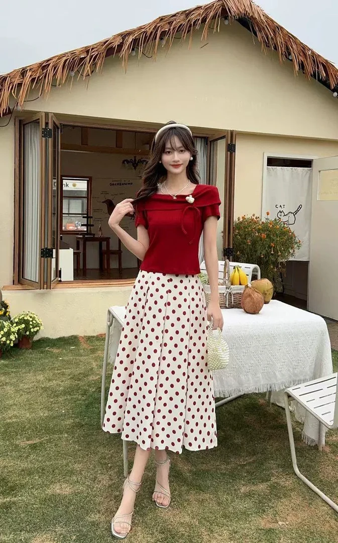 法式度假风气质波点裙套装遮肉显瘦时尚百搭