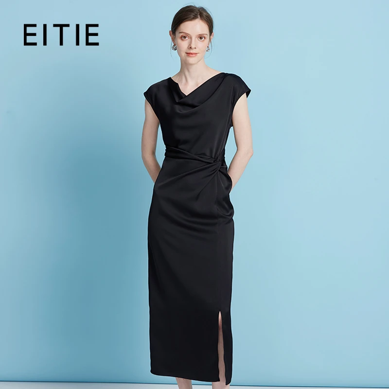 EITIE爱特爱25夏法式荡领连肩袖百搭腰部扭结褶皱连衣裙B2507664
