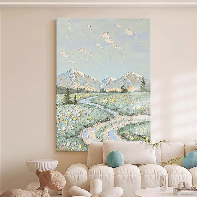 高山流水风景玄关肌理挂画奶油风纯手绘油画客厅石英砂丙烯装饰画