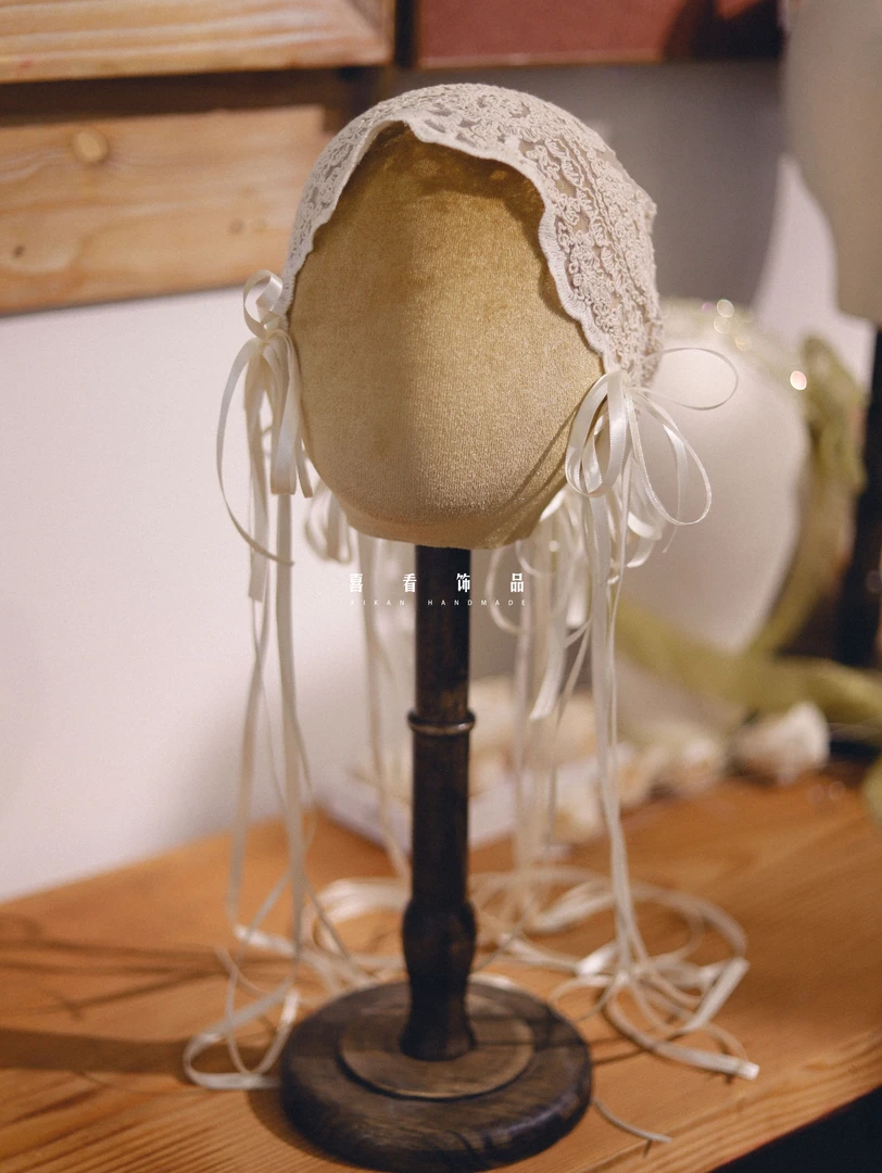 喜看优选HY501新品原创慵懒风蕾丝花边网纱系带套头帽