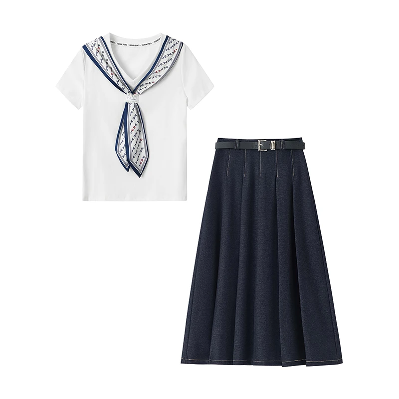 夏季穿搭一整套女2025新款蝴蝶结短袖T恤牛仔半身裙子两件套P2083