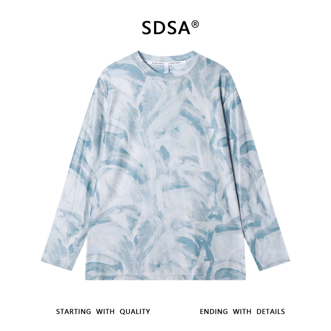 夏季高级感新款韩系潮牌小清新扎染圆领长袖T恤百搭潮流舒适上衣