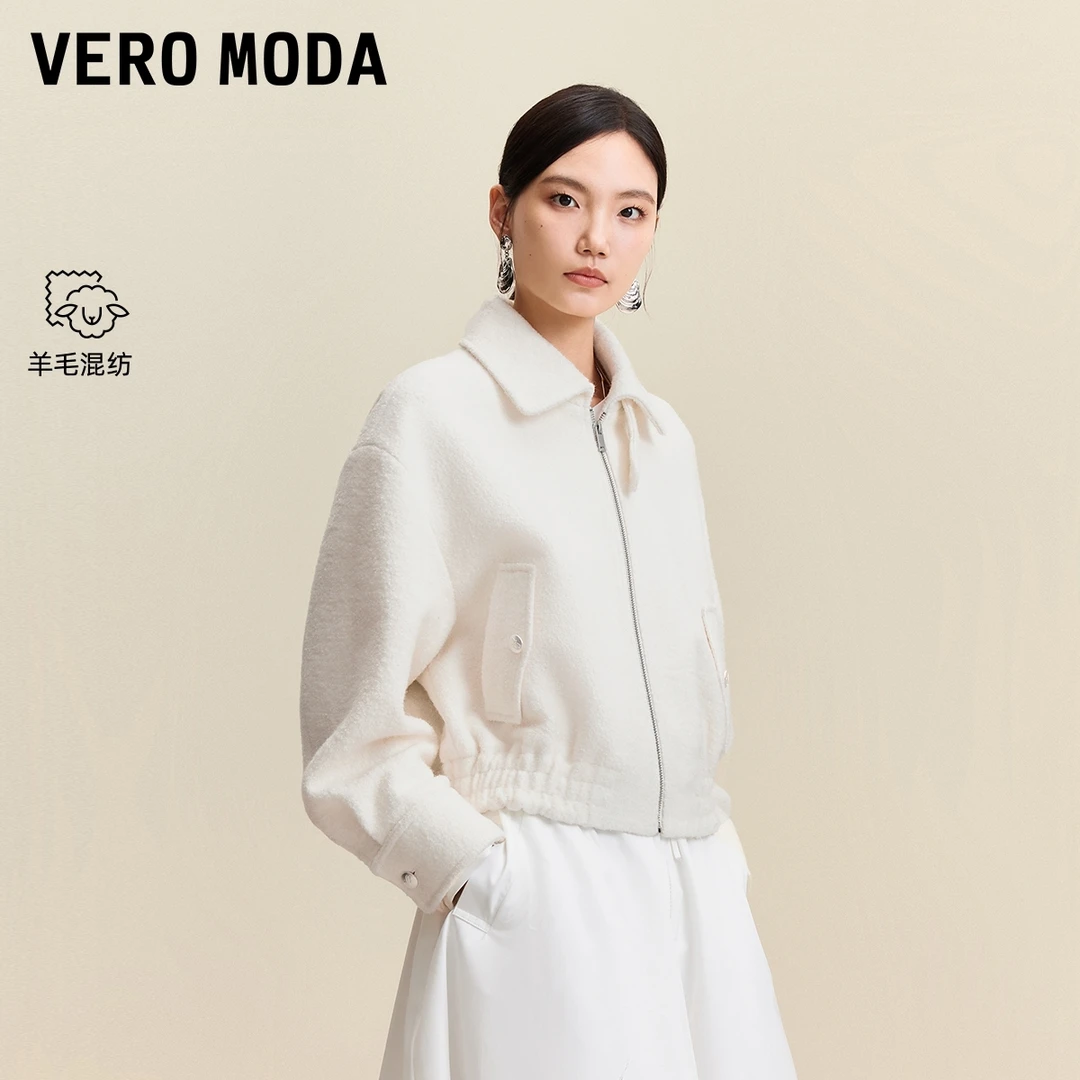 Vero Moda短外套2025秋冬新款含绵羊毛翻领领口扣袢上衣流光风女