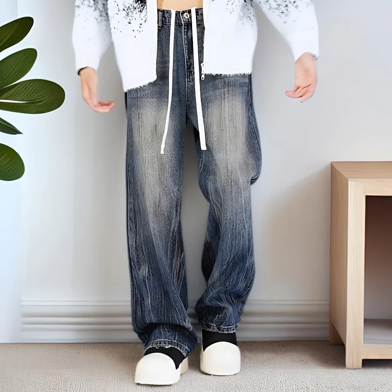 立体剪裁拉链秋冬做旧系带牛仔裤宽松秋季阔腿裤夏季复古裤子高街