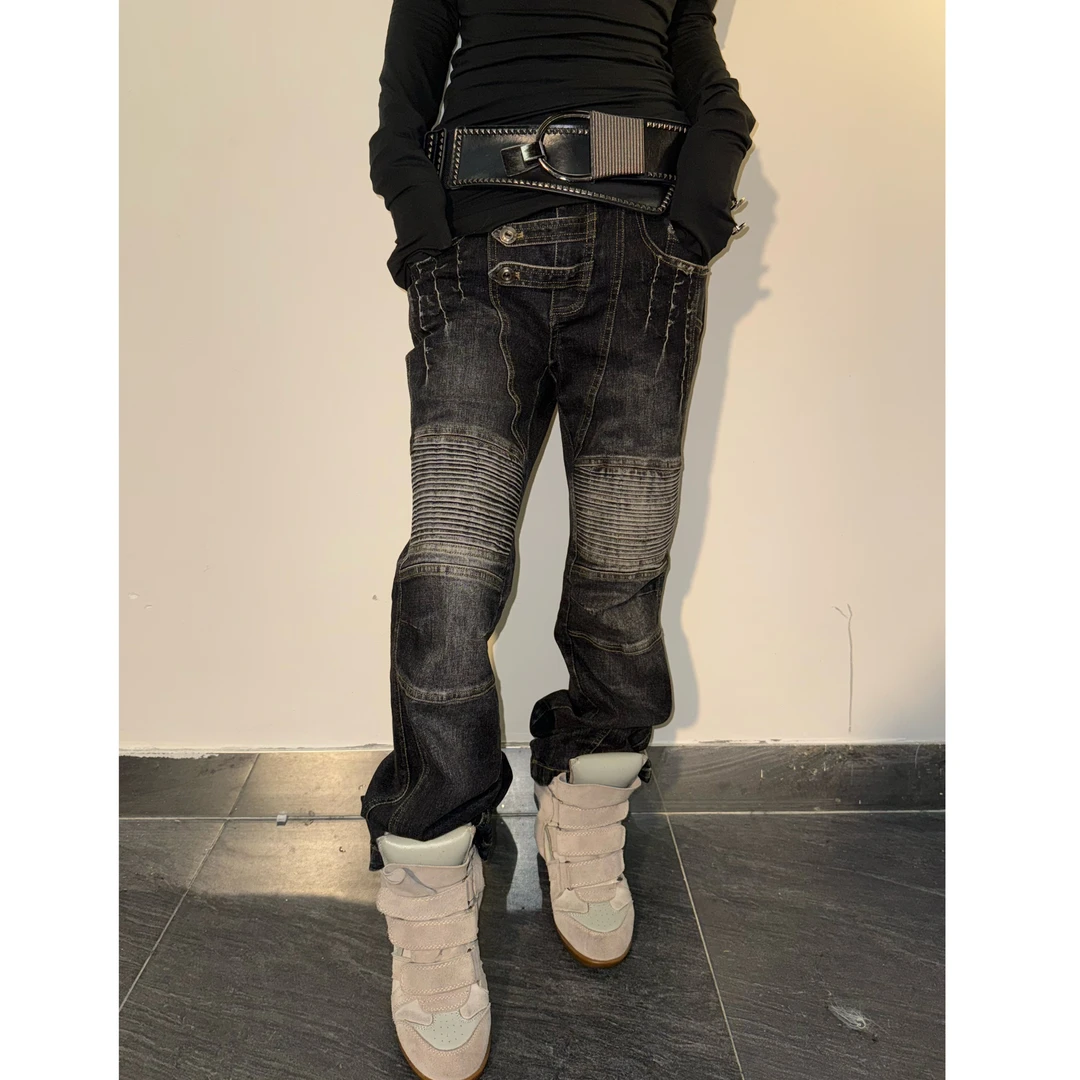 Fearless” 美式复古水洗做旧褶皱设计感辣妹直筒牛仔裤