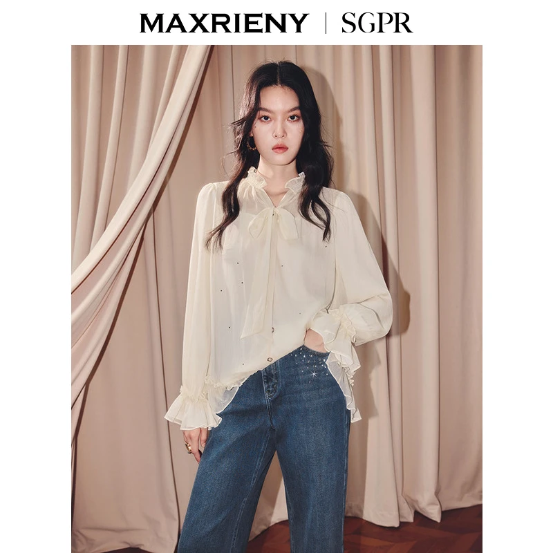 【商场同款】MAXRIENY宫廷复古蕾丝雪纺衫25冬款宽松长袖上衣衬衫