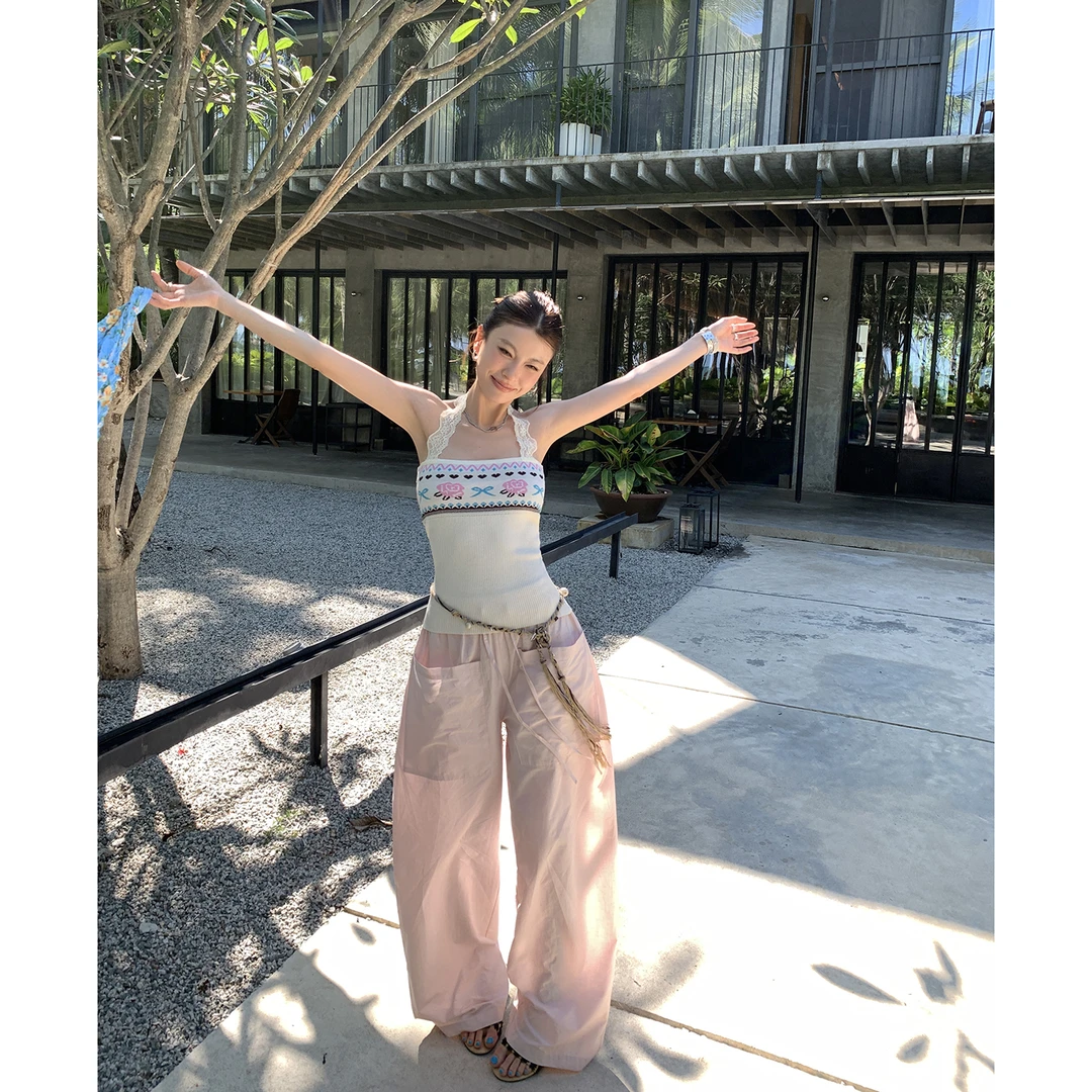 【夏威夷甜心】辣妹蕾丝挂脖提花针织背心4334