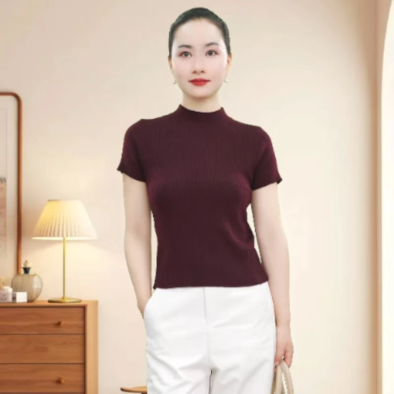 法式复古半高领针织衫正肩短袖T恤夏季修身内搭打底衫上衣