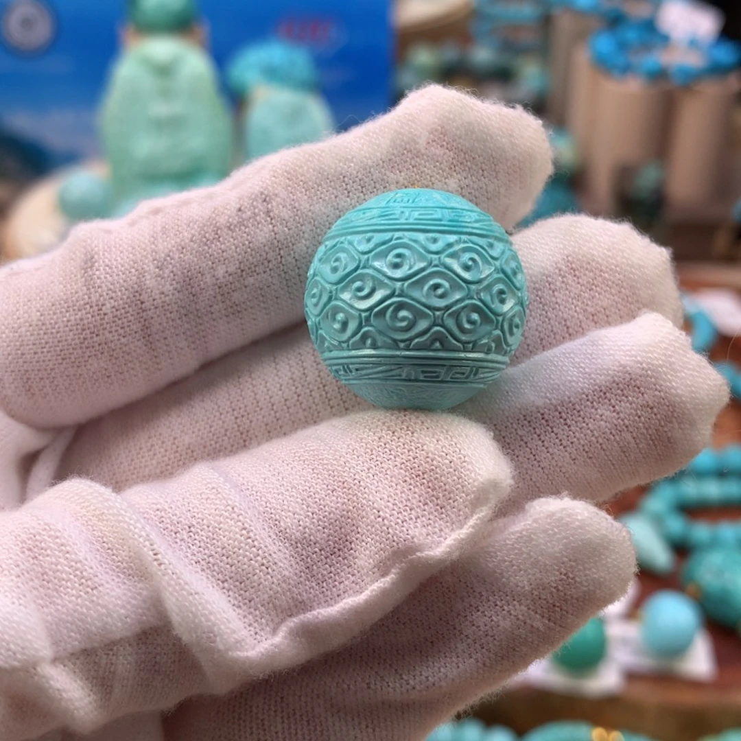 绿松石未镶嵌珠宝奇石高瓷蓝绿云纹珠21.2mm