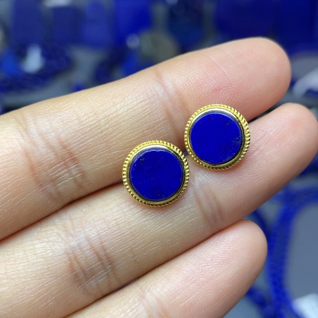 青金石银S925镀金镶嵌 10mm耳饰