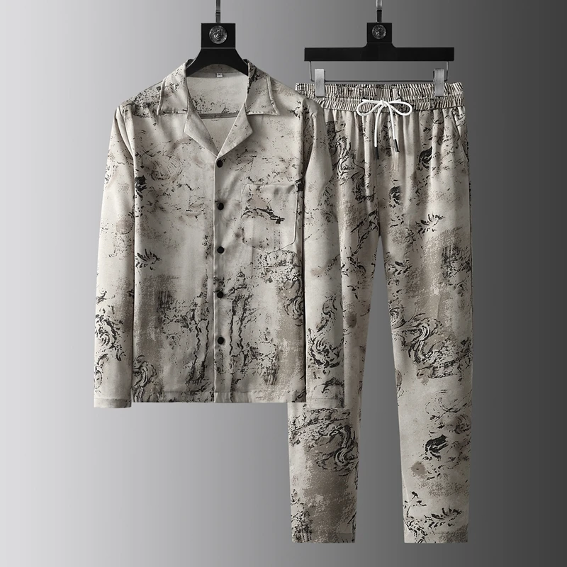 春季新品花色翻领开衫时尚休闲套装男士长袖薄款衬衫两件套男帅气