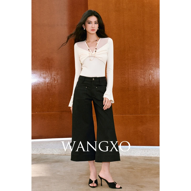 WANGXO  弹力亮丝牛仔复古摩登九分裤253837W