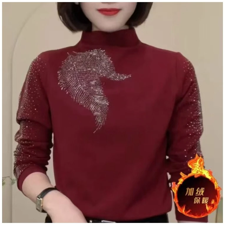秋冬新款2025半高领烫钻加绒打底衫女时尚显瘦长袖保暖上衣妈妈装
