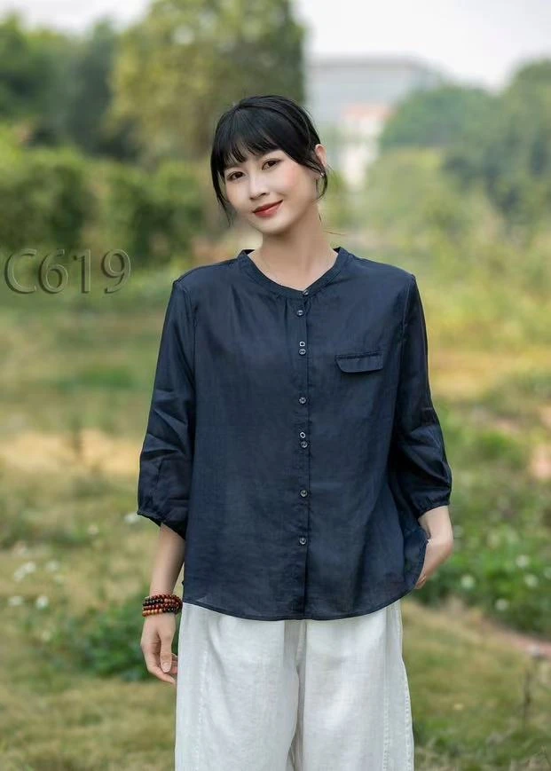 女士圆领纯色5分袖苎麻小衫C619