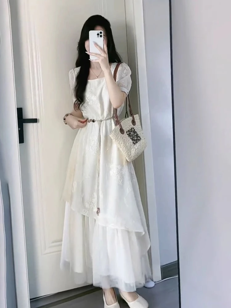 胖MM温柔风网纱拼接长裙法式连衣裙女夏季新款大码收腰显瘦A字裙