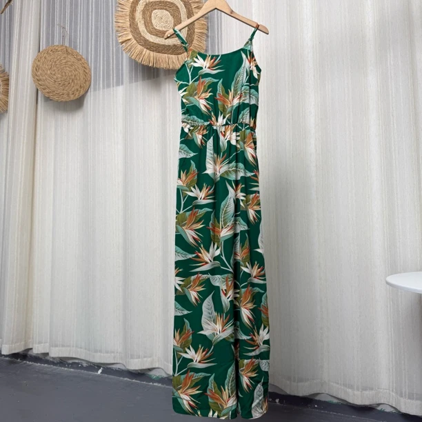 0564调节肩带开叉设计新款花色气质赫本风吊带连衣裙