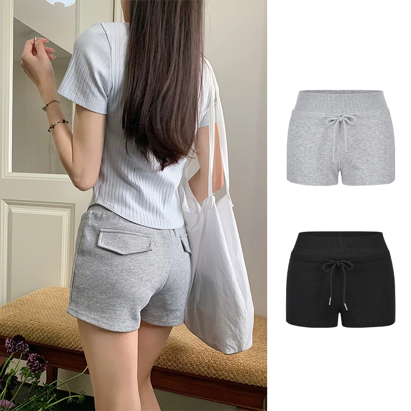 Moses Queen/魔西女王美式辣妹高腰抽绳运动短裤灰色包臀休闲热裤