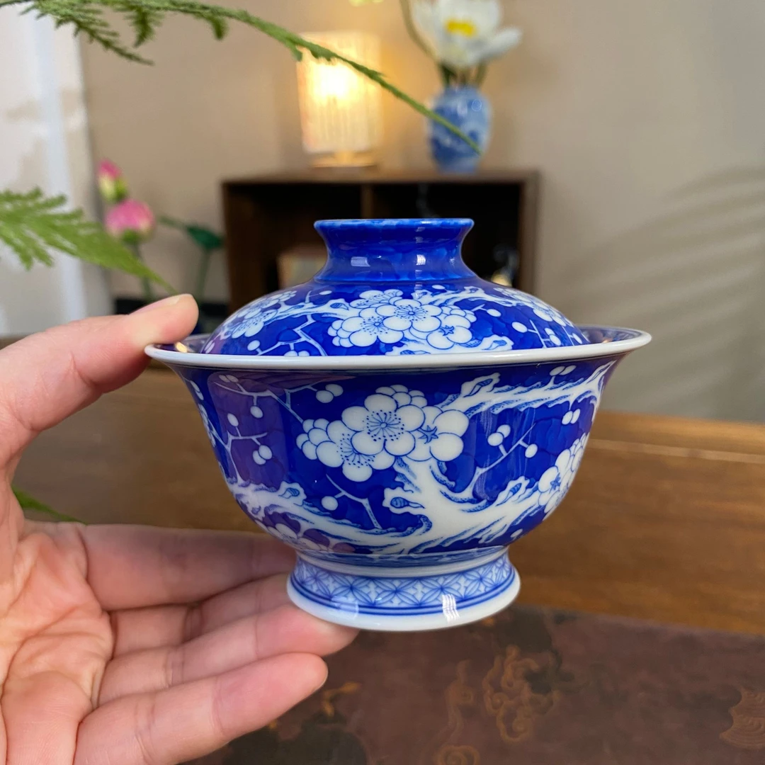 【陶月楼】精工满绘冰梅两才盖碗 景德镇纯手工手绘茶器茶具