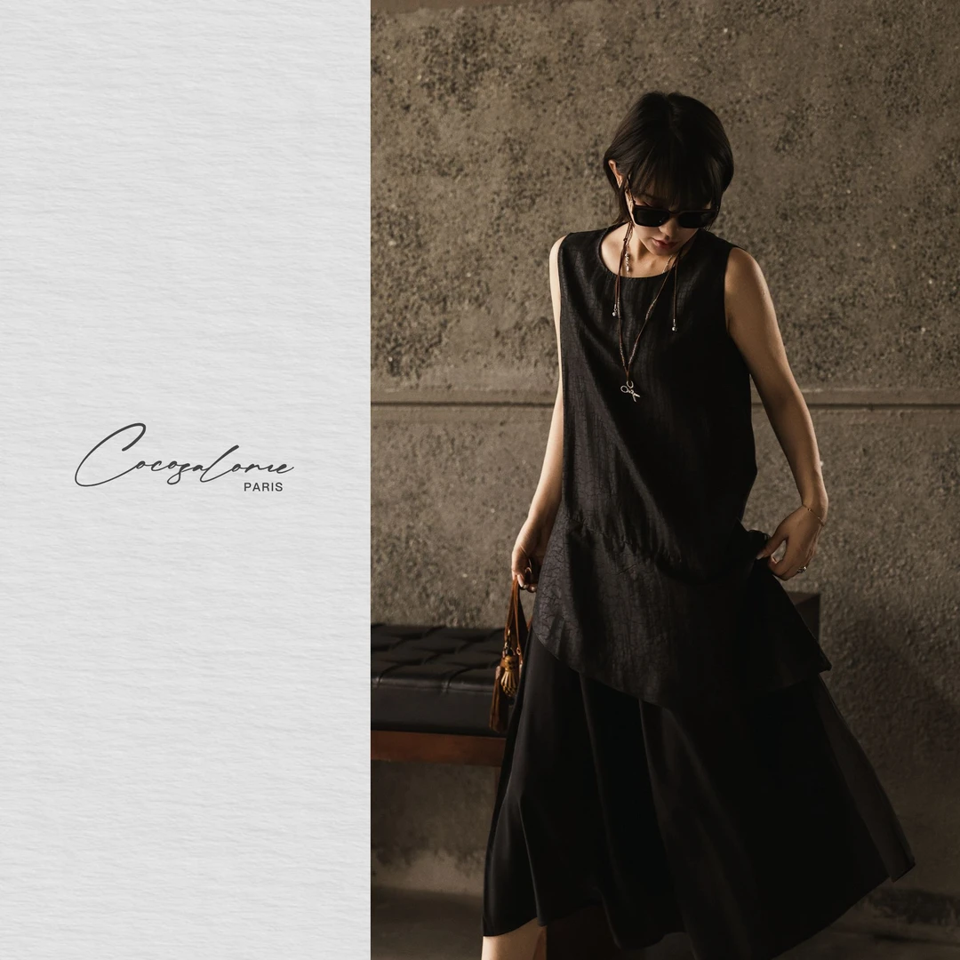 韩彬彬"斜裁香云纱"100桑蚕丝龟裂纹拼接款女装无袖连衣裙2000-5