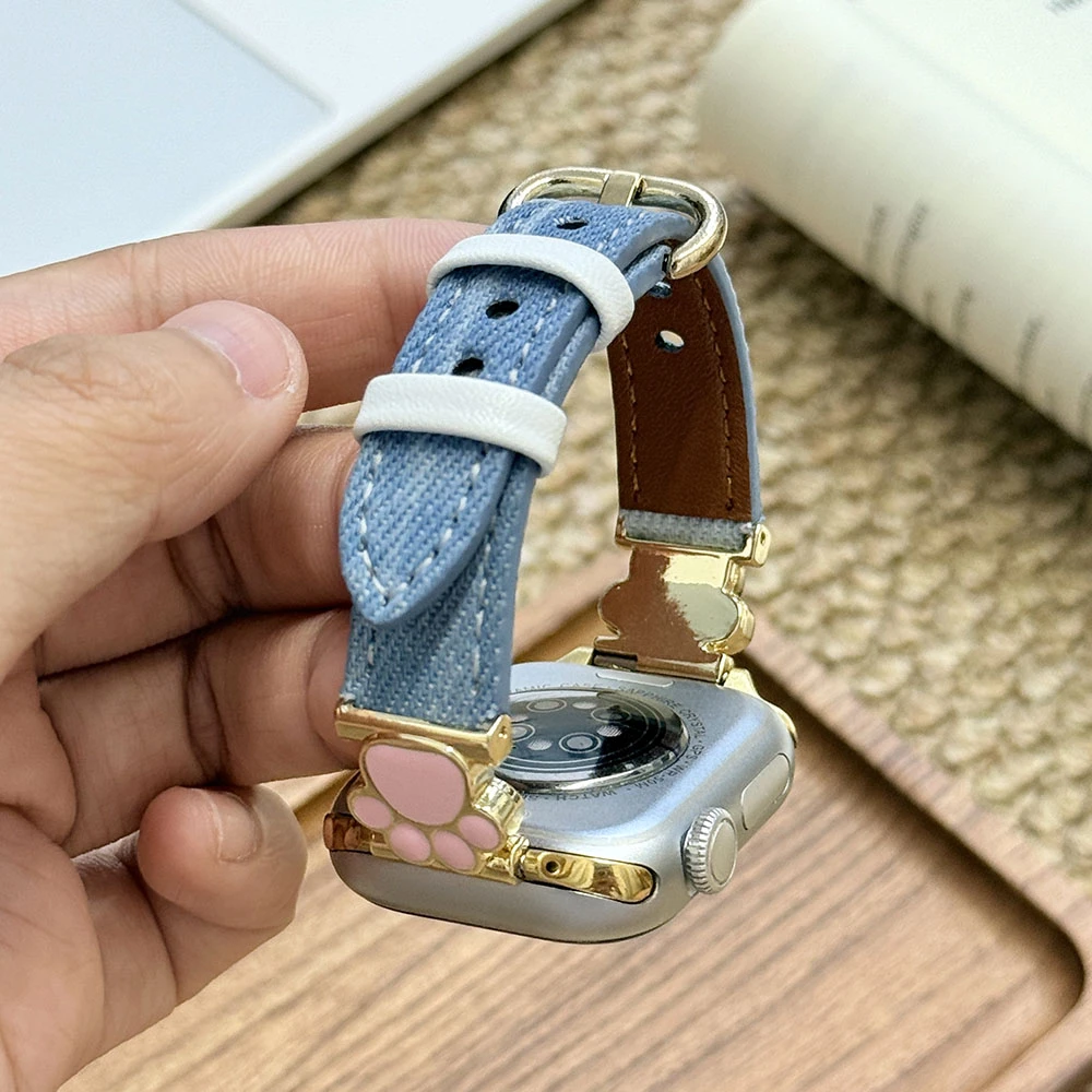 适用Apple苹果s11牛仔表带iwatchS10女款猫爪Ultra9876腕带手表带