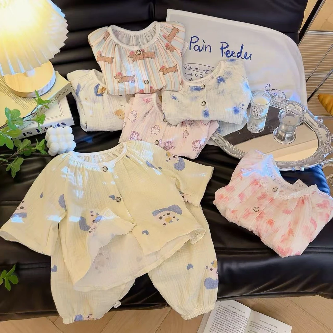 春夏季新款纯棉儿童睡衣男女童薄款棉纱家居服套装宝宝透气空调服