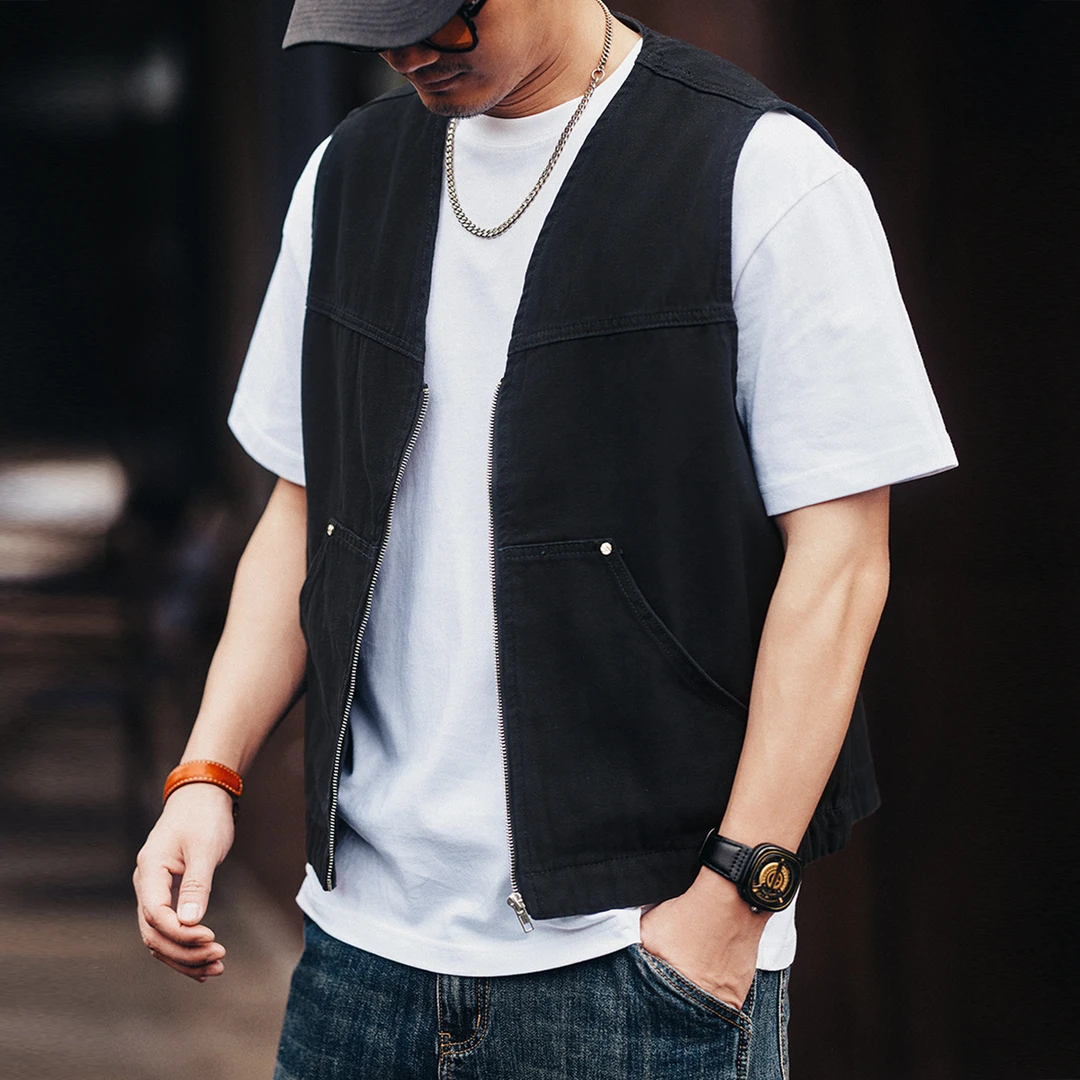 格蓝鹿美式复古重磅牛仔马甲男款春夏新款潮牌宽松户外无袖坎肩男