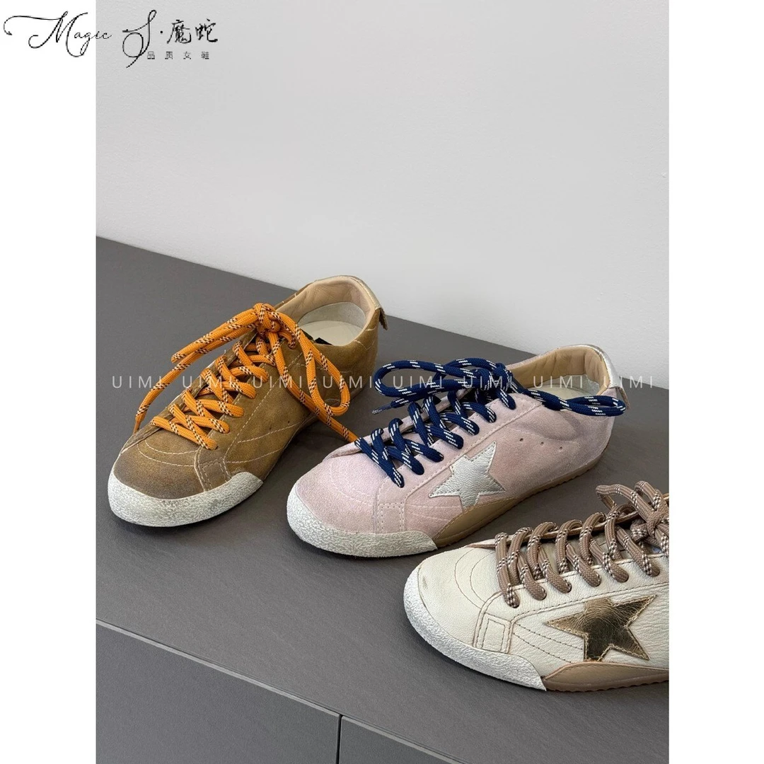 〖万达撤柜〗家做旧复古星星小脏鞋女板鞋新款百搭休闲拼色绑带薄