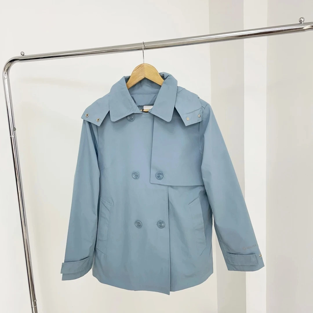 I211 水蓝色超质高级休闲带帽风衣