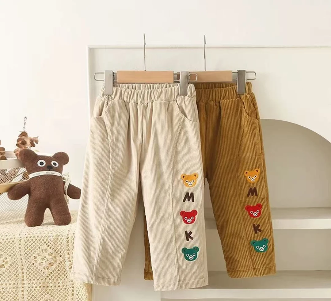 【25日系冬】男女儿童三只熊头刺绣条绒加绒保暖外穿裤