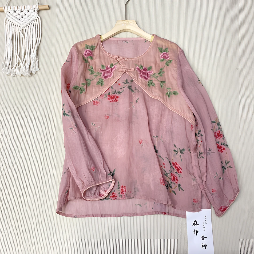 新中式宽松苎麻小衫刺绣圆领碎花复古上衣2163肩40胸116长64