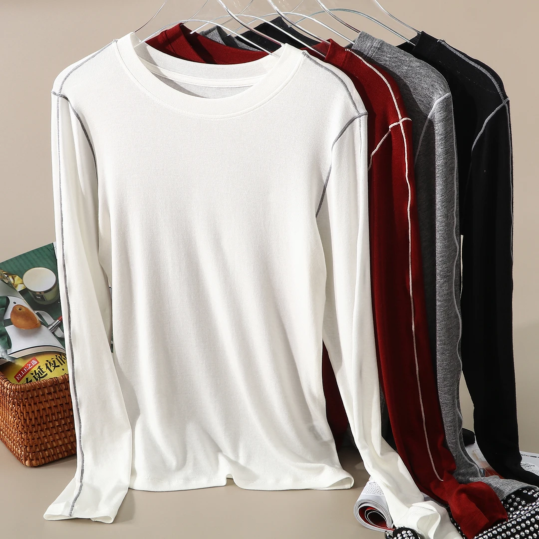 星有光 撞色线条莱赛尔羊毛圆领长袖打底衫女显瘦抗菌套头t恤上衣