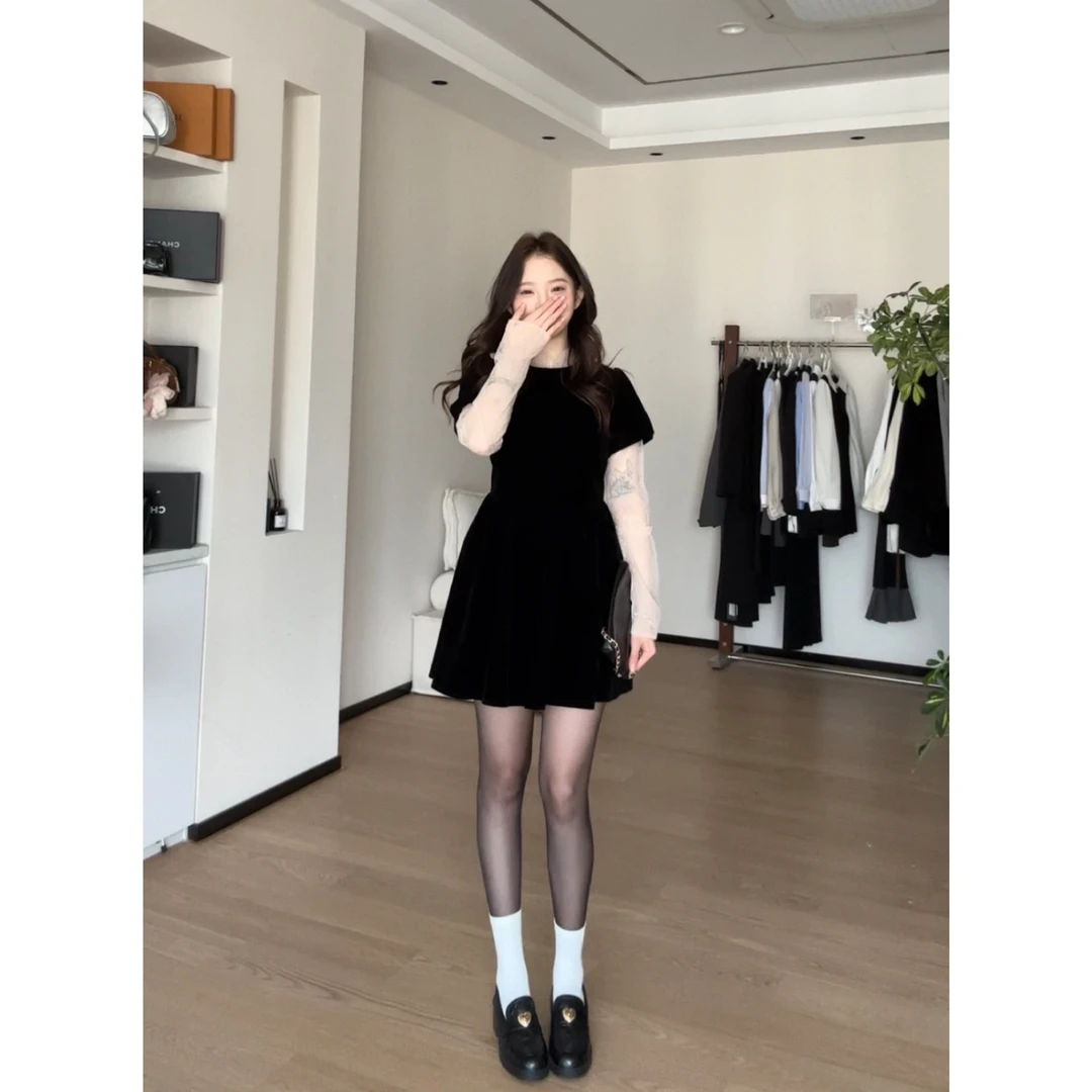 【清清】金川川 韩女托卡 韩系假两件拼接收腰显瘦丝绒网纱连衣裙