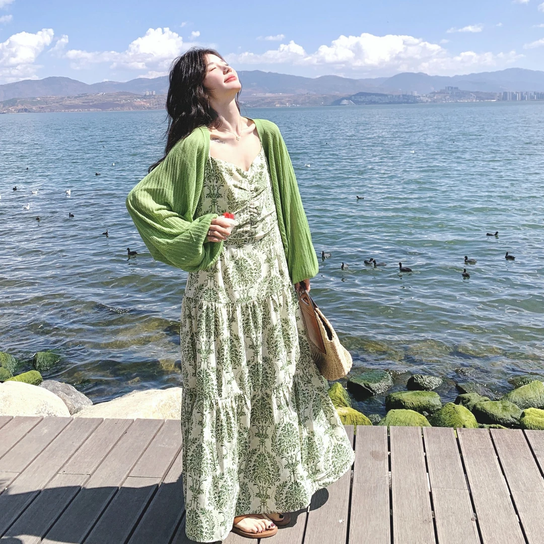 法式气质高级感茶歇绿色碎花吊带连衣裙绿色针织开衫上衣两件套女