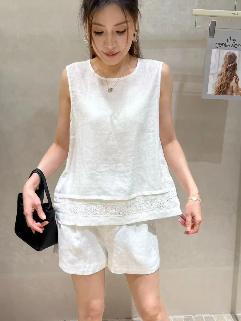 炸款～意法货100%亚麻衬衫配短裤套装5258