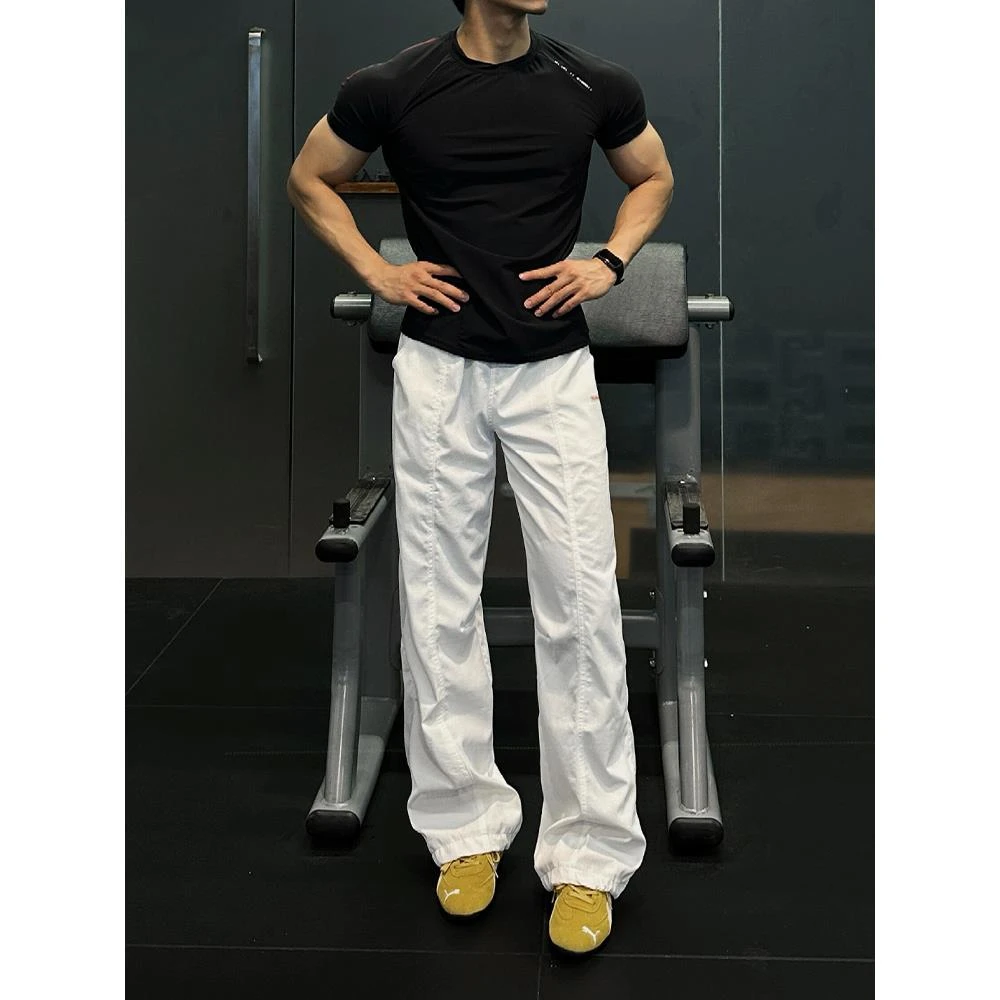 美式复古切割褶皱休闲裤男秋季cleanfit尼龙速干工装裤直筒微喇裤