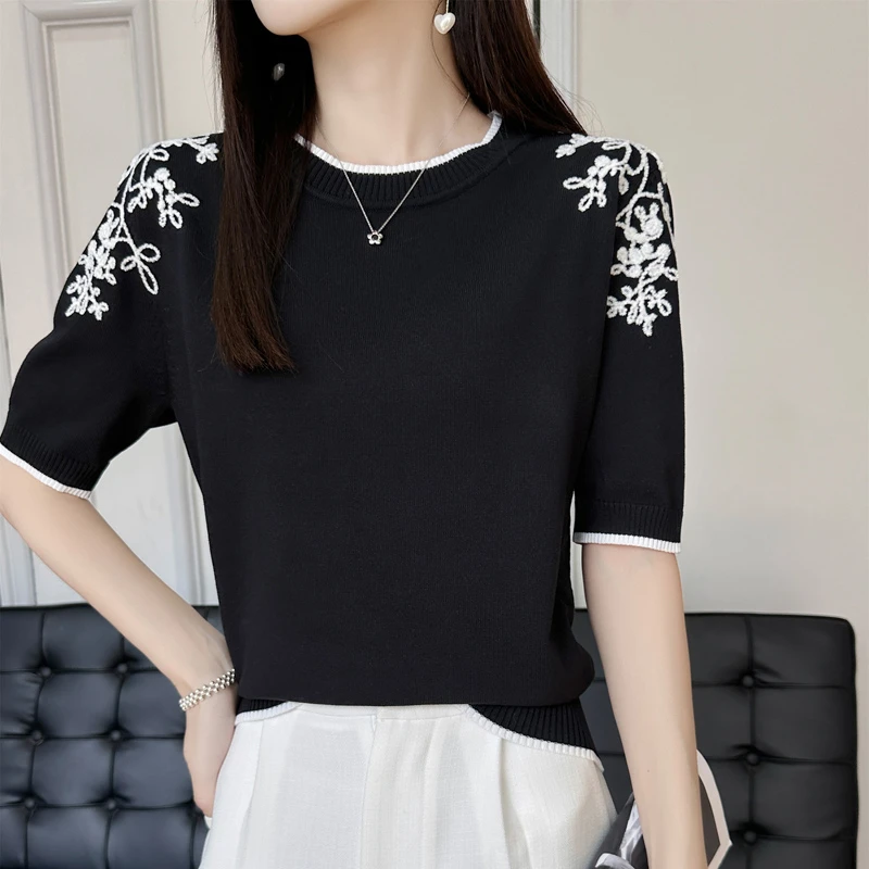 2025夏冰丝刺绣短袖圆领毛针织衫背心镂空百搭黑色t恤-232
