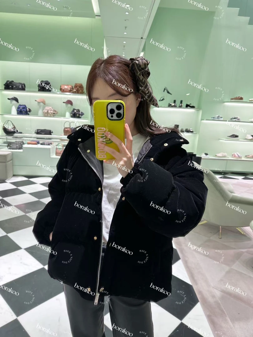 【BORAKOO】黑色丝绒连帽短款羽绒服（220g）