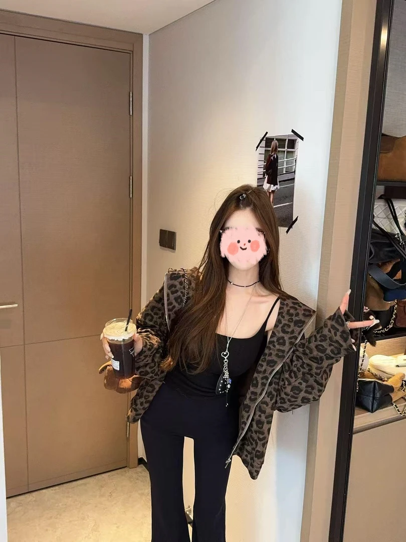 豹纹连帽长袖卫衣外套女秋季新款时尚百搭美式复古短外套宽松上衣