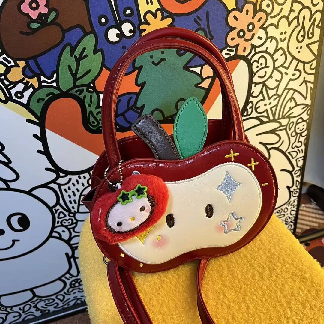 喵喵仙贝【红苹果】小号手工刺绣手提单肩斜挎包-A211（14.5*20*7.5）