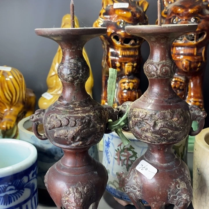 手工艺品琉璃一对铜蜡台