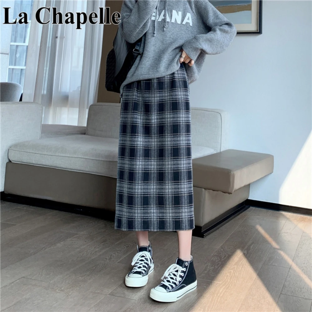 拉夏贝尔时尚小众设计感格子半身裙女秋冬新款松紧腰显瘦开叉长裙